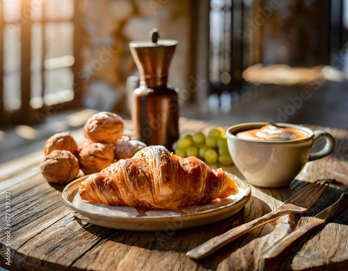 coffee croissant breakfast photo