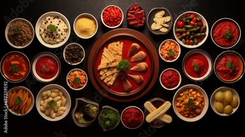  a table topped with bowls filled with different types of food next to bowls filled with different types of sauces.