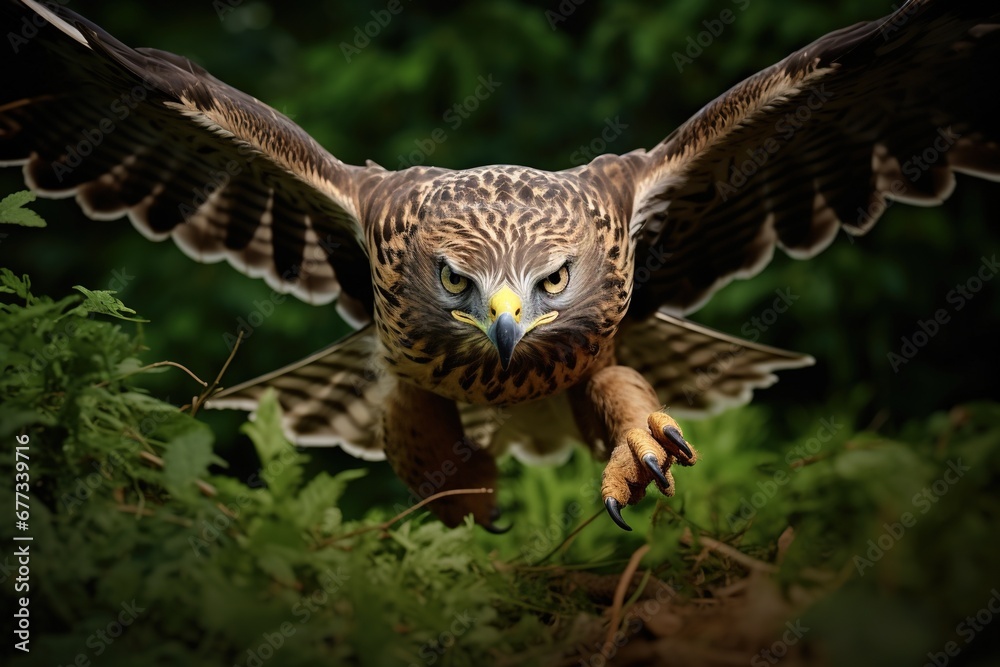 Obraz premium Buzzard in a steep dive, eyes locked on target