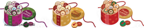 Winter holidays box of cookies Christmas, Kwanzaa, Las Posadas, Hanukkah, New Year, different colors