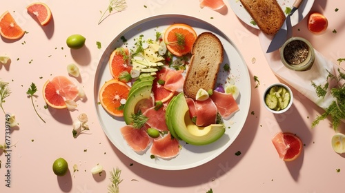  a plate of food that includes bread, avocado, grapefruit, and grapefruit slices.