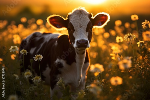 Backlit image of a little cow in a field of wildflowers