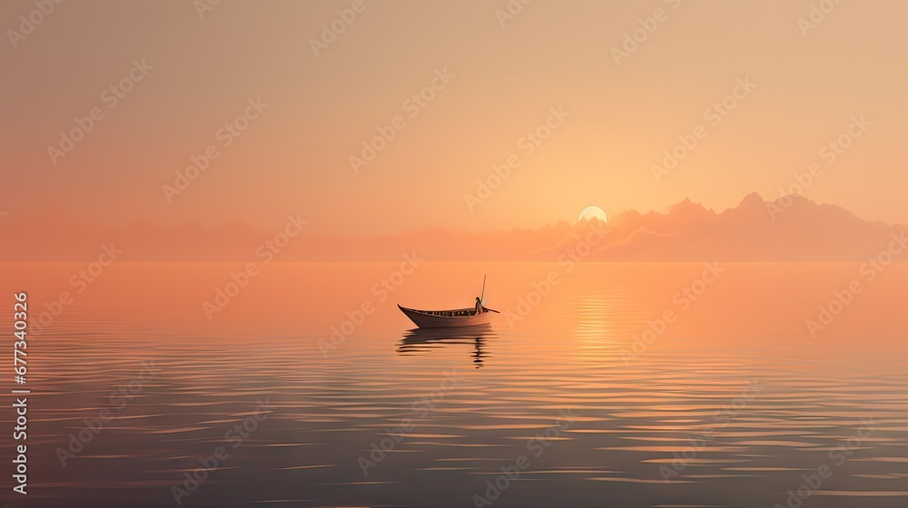  a small boat floating in the middle of a body of water at sunset with the sun setting in the distance.