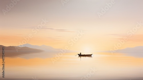  a small boat floating on top of a large body of water under a sky filled with clouds and a setting sun.