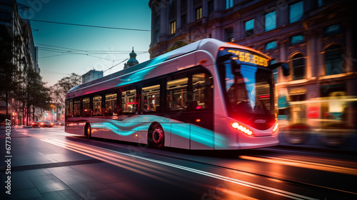 Futuristic bus driving in a city in the evening
