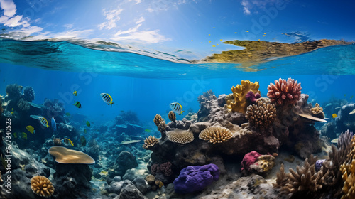 Underwater shot of a vibrant coral reef with a variety of fish. © Andrey