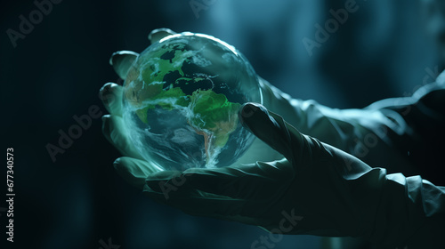 Grüner globus in Händen mit Handschuhen