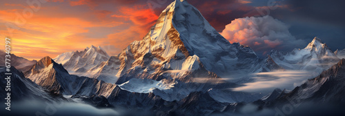 Sunset paints vibrant hues on a frost-capped mountain under a climbers look 