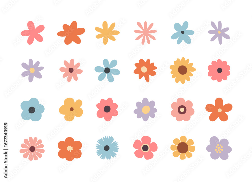 Set of retro groovy pastel flower vectors flat design transparent clipart
