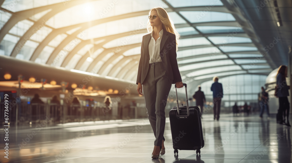 Businesswoman Navigating Airport Terminal with Wheeled Luggage
