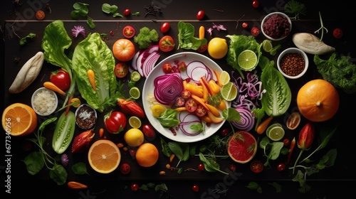 a table topped with lots of different types of fruits and vegetables next to bowls of sauces and condiments.