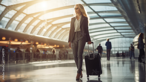 Businesswoman Navigating Airport Terminal with Wheeled Luggage photo
