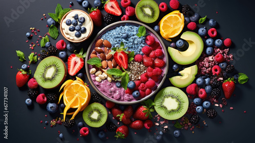  a bowl of fruit is surrounded by kiwis, raspberries, kiwis, oranges, kiwis, strawberries, and blueberries.