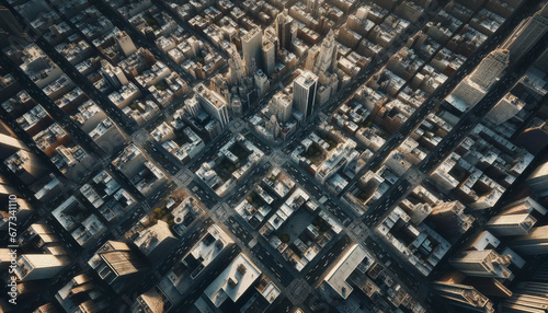 Aerial view of dense city blocks at twilight.