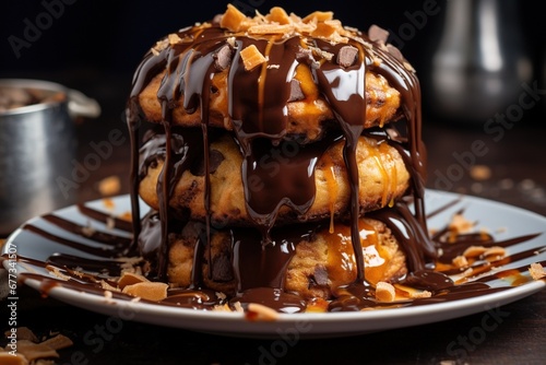 Banana muffin tower with dark chocolate drizzle