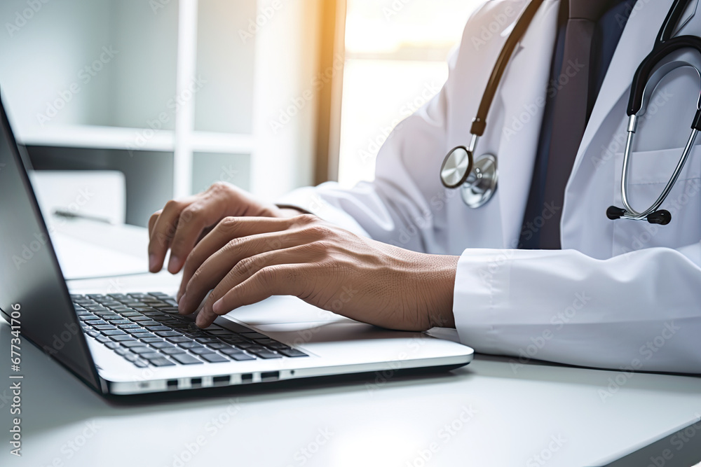 A dedicated female doctor in a hospital office, using a laptop and stethoscope to provide professional healthcare and medical services, while also engaging in scientific research A dedicated female doctor in a hospital office, using a laptop and stethoscope to provide professional healthcare and medical services, while also engaging in scientific research