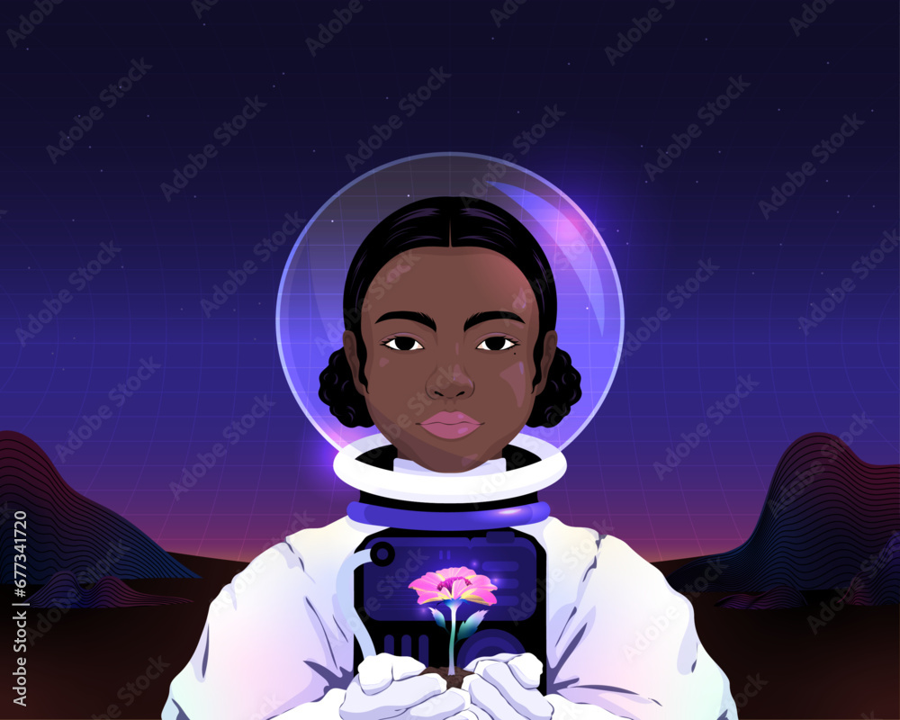 Astronaut in outer space holding a glowing flower on planet