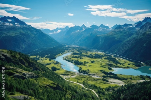 Breathtaking Alpine Landscape: Majestic Mountains, Lush Forests, and a Picturesque River