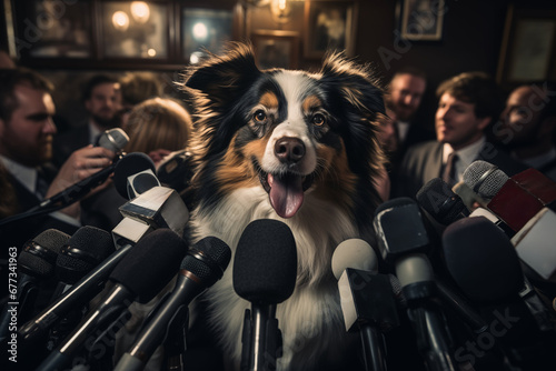 A nervous dog in a suit and tie is being interviewed by a group of reporters photo