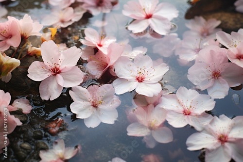 Blossom petals floating on a springtime rain puddle