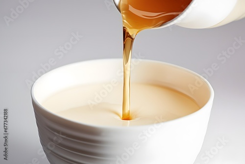 Pouring honey into a white porcelain cup with milk  Closeup