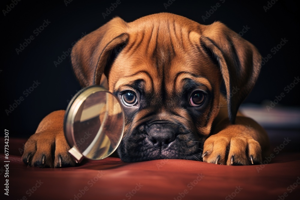 Boxer puppy with a detective magnifying glass