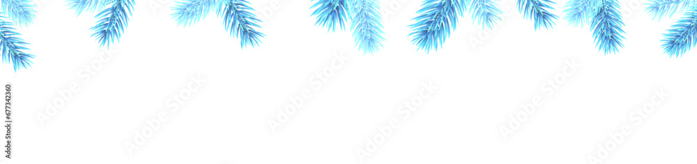 Horizontal banner with frame of bright blue fir branches and twigs on white background. Christmas holiday greeting card with space for text.