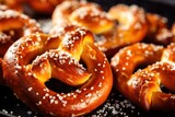 Baked pretzels with rock salt, close-up texture