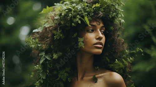 A woman with leaves on her head instead of hair showing the beauty of nature