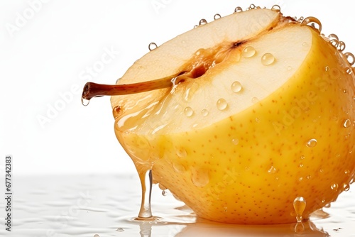 Sliced pear with honey on a white background. Closeup view photo