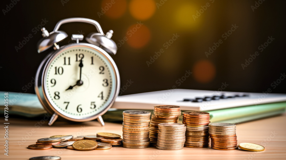 Time is money concept with alarm clock and coins on wooden table.