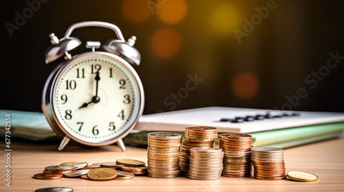 Time is money concept with alarm clock and coins on wooden table.