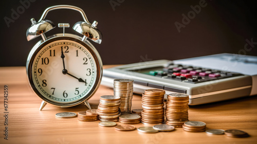 Time is money concept with alarm clock and coins on wooden table.