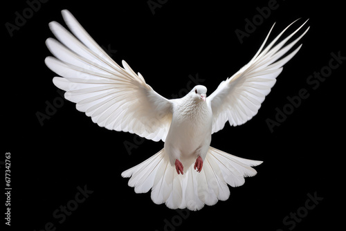 Flying white dove isolated on black background with clipping path. Studio shot.