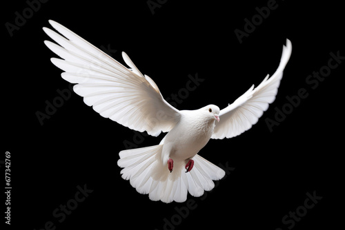 Flying white dove isolated on black background with clipping path. Studio shot.
