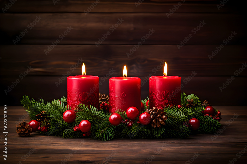 Three red burning candles for german advent season. Christmas wreath decoration on dark wooden background. Three red burning candles for german advent season. Christmas wreath decoration on dark wooden background.