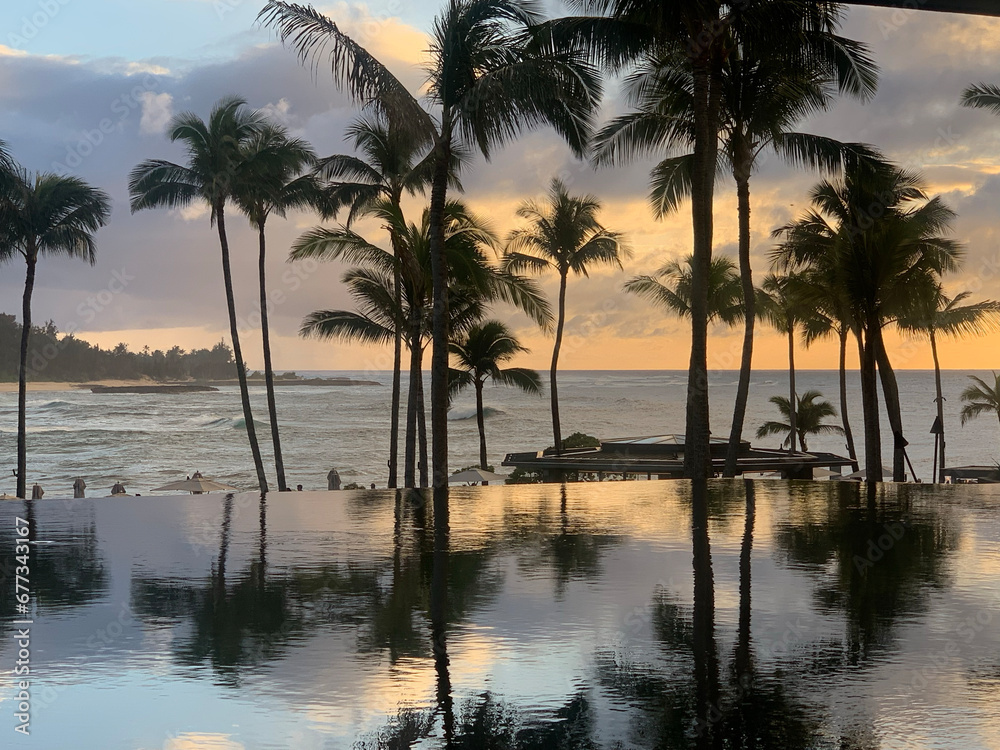 Palm trees at sunset reflecting on an infinity pool with the ocean in the background in Oahu, Hawaii