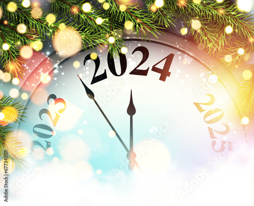 Photography New Year 2024 countdown clock with golden blurred lights and green fir branches