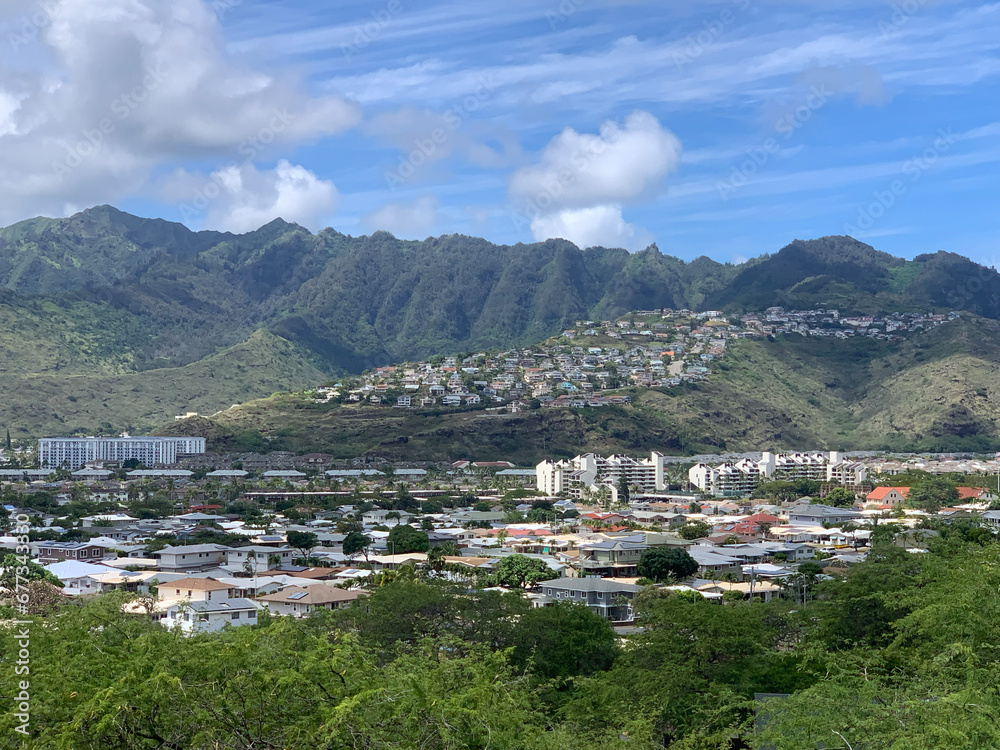 Scenic shot of city and mountains of Hawaii Kai in Honolulu, Hawaii