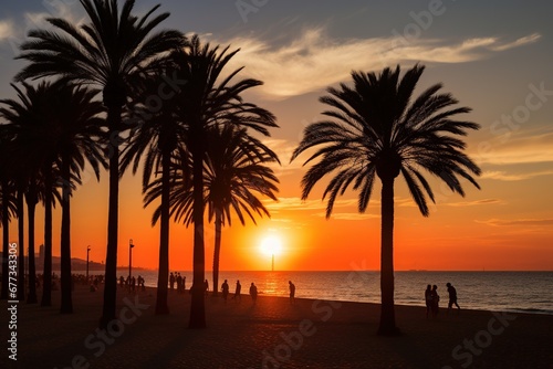 Beach sunset with Barceloneta’s palm trees silhouette photo