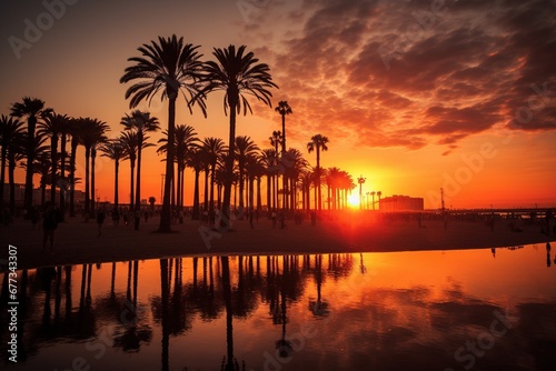 Beach sunset with Barceloneta’s palm trees silhouette