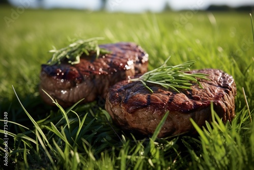 Bison steaks with prairie grasses in the background
