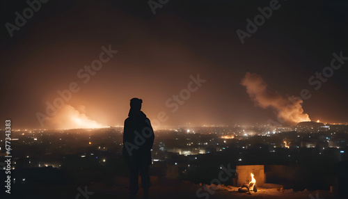 Silhouette of a man against the backdrop of a burning city