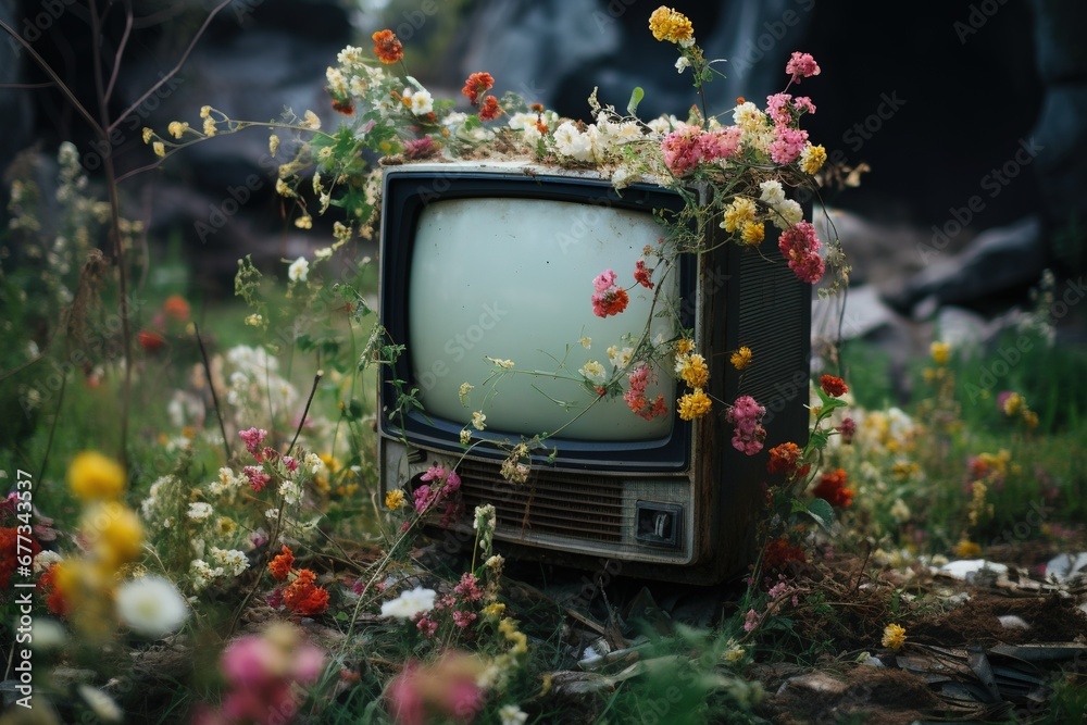 Foto de Broken TV in a junkyard with wildflowers growing through the
