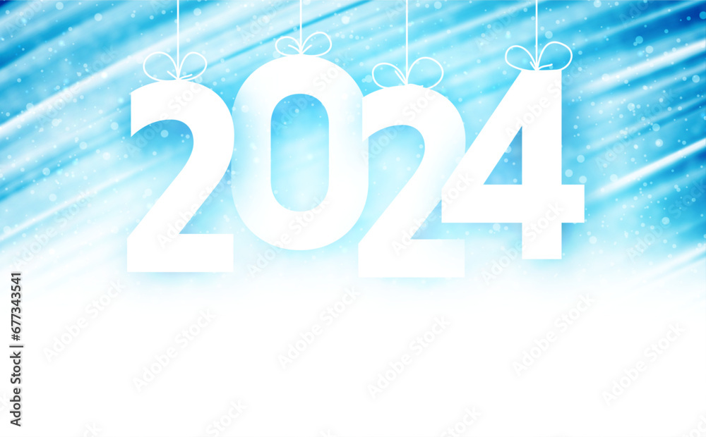 New Year 2024 white paper numbers with shadows on bright blue textured background with light particles and place for text. New Year 2024 white paper numbers with shadows on bright blue textured background with light particles and place for text.