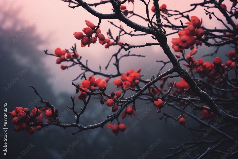Berberis thunbergii silhouettes in foggy twilight Berberis thunbergii silhouettes in foggy twilight
