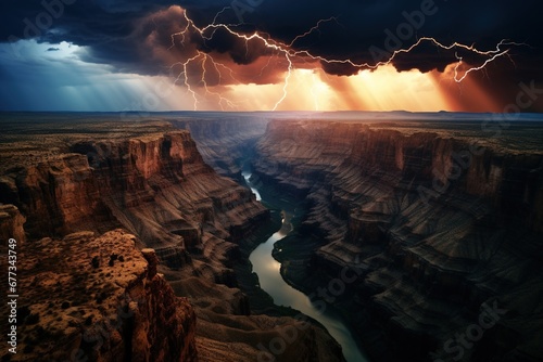 Bird's-eye view of a canyon split by a bolt of lightning at dusk