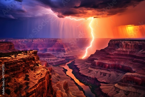 Bird's-eye view of a canyon split by a bolt of lightning at dusk