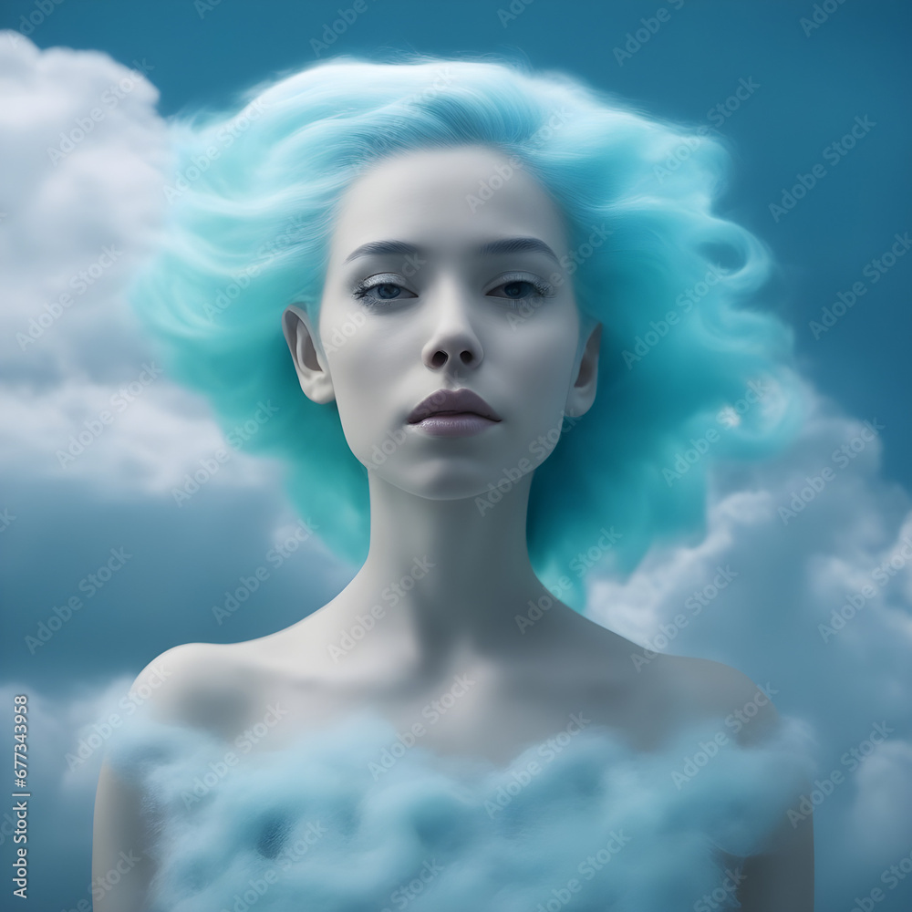 Fototapeta premium A beautiful fantasy sky queen with sky clouds hair