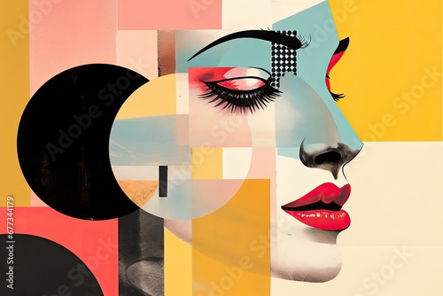 Abstract portrait of a young woman with red lips  exuding modern fashion and beauty in a stylish and artistic design.